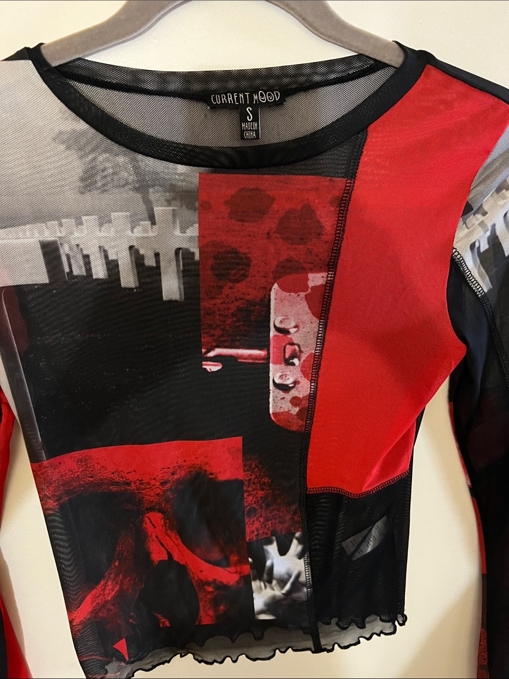 Current Mood Red and Black Graphic Mesh Long Sleeve Top